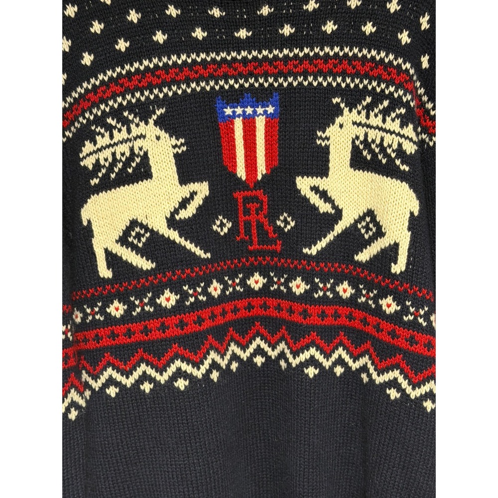 VTG Polo Ralph Lauren Reindeer Fair Isle Sweater Navy Blue Cotton Cashmere L